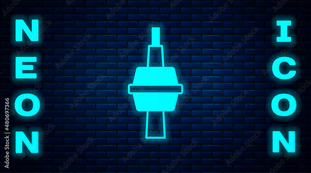 Fototapeta premium Glowing neon TV CN Tower in Toronto icon isolated on brick wall background. Famous world landmarks icon concept. Tourism and vacation theme. Vector