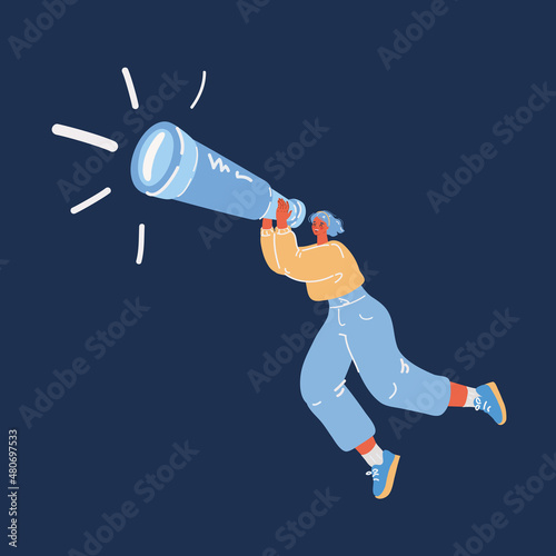 Cartoon vector illustration of The girl looks through the big telescope