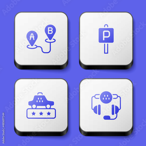 Set Route location, Parking, Taxi service rating and call telephone icon. White square button. Vector