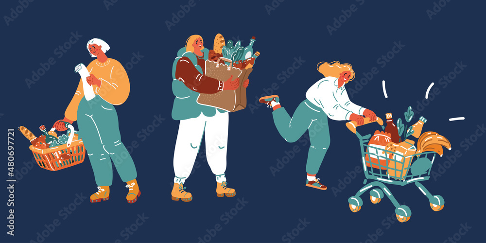 Cartoon vector illustration of woman driving shopping cart, another