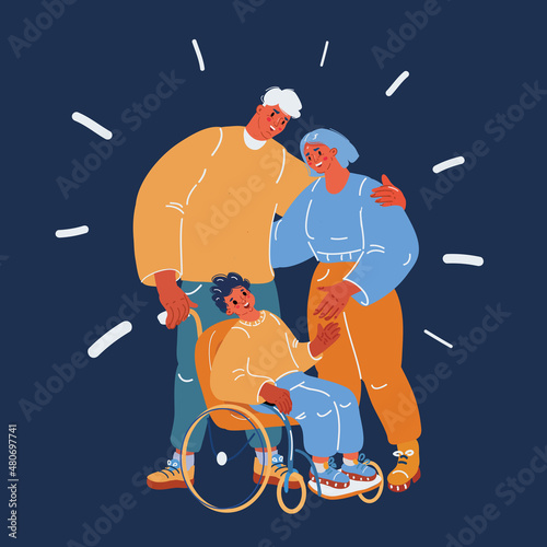 Cartoon vector illustration of Cheerful family with child in a wheelchair. Parents and their limited abilities son together smiling