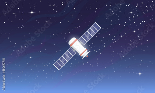 Fototapeta Naklejka Na Ścianę i Meble -  White satellite flying in space orbit around a planet. Space communication and data transfer concept. Solar panels and radio dish on satellite. Starry sky with galaxy and atmospheric dim. 