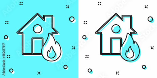Black line Fire in burning house icon isolated on green and white background. Random dynamic shapes. Vector