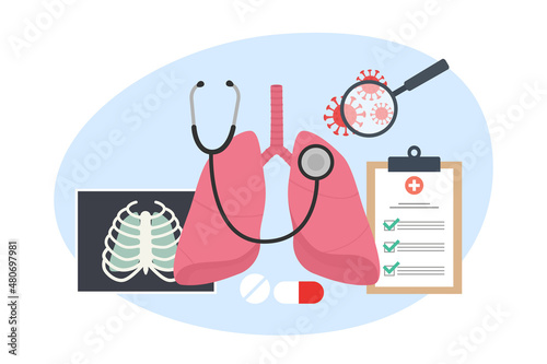 Respiratory system examination and treatment. Pulmonology. Lungs healthcare. Flat vector illustration.