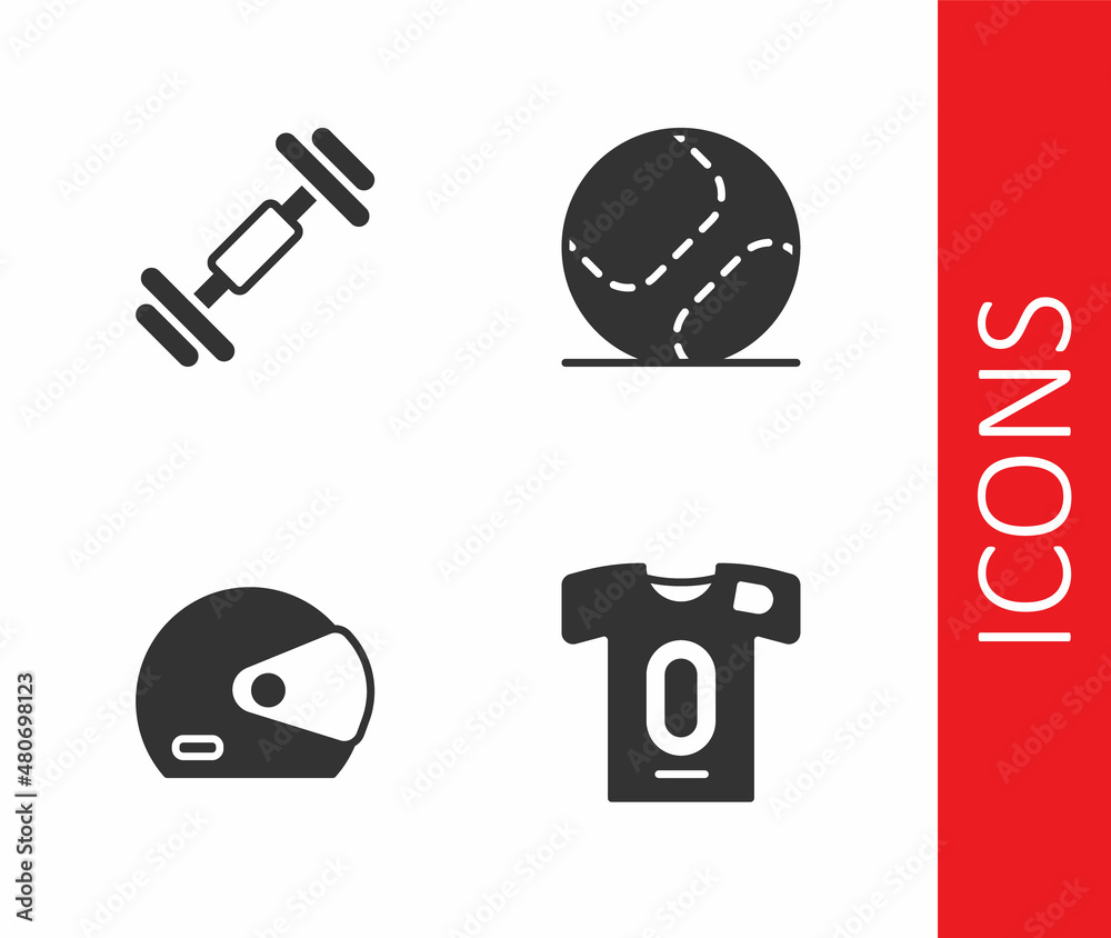 Set Football jersey and t-shirt, Dumbbell, Racing helmet and Baseball icon. Vector Set Football jersey and t-shirt, Dumbbell, Racing helmet and Baseball icon. Vector