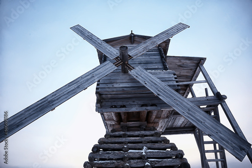 mill winter landscape, Kimzha, windmill wooden architecture