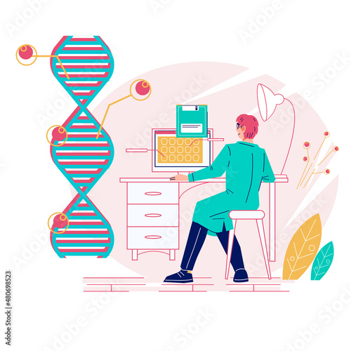 Genetic DNA research concept with scientist studying genome and chromosomes. Genome and biotechnology, bioengineering scientists, cartoon flat vector illustration isolated on white background.