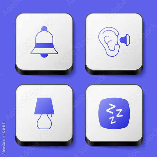 Set Ringing bell, Earplugs and ear, Table lamp and Sleepy icon. White square button. Vector