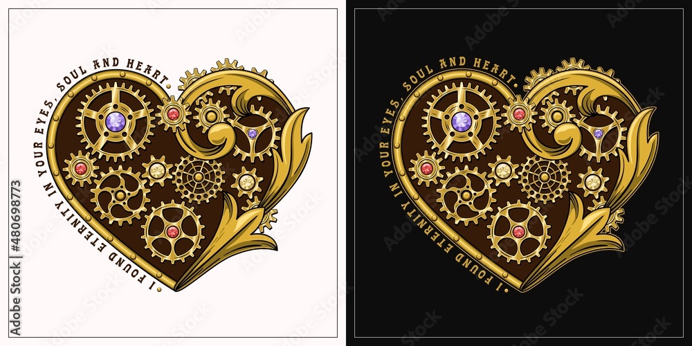 Set of hearts decorated with golden gears, red, violet, yellow gemstones and victorian elements in steampunk style. Love theme inscription. On dark and light background.