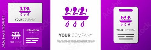 Logotype Canoe rowing team sports icon isolated on white background. Three athletes with oars rowing in boat. Teamwork concept. Logo design template element. Vector