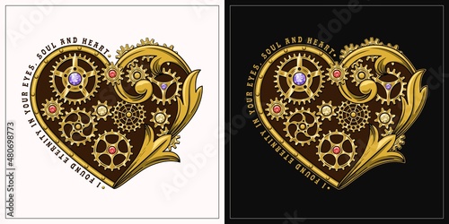 Set of hearts decorated with golden gears, red, violet, yellow gemstones and victorian elements in steampunk style. Love theme inscription. On dark and light background.