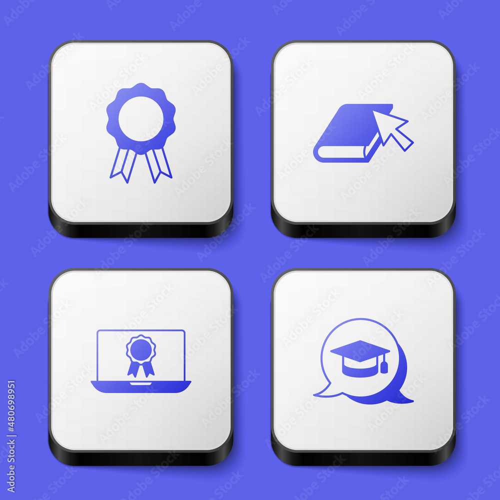 Set Online education with diploma, book, and Graduation cap speech bubble icon. White square button. Vector