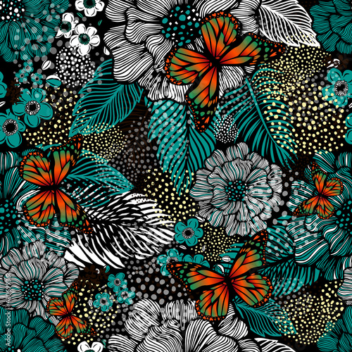 Seamless background from multicolored flowers and butterflies. Vector illustration