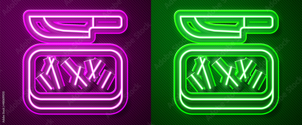 Glowing neon line Cutting board and knife icon isolated on purple and green background. Chopping Board symbol. Cutlery symbol. Vector Glowing neon line Cutting board and knife icon isolated on purple and green background. Chopping Board symbol. Cutlery symbol. Vector