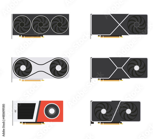 Set of Graphics cards (GPU, video card, display card). Vector illustration.