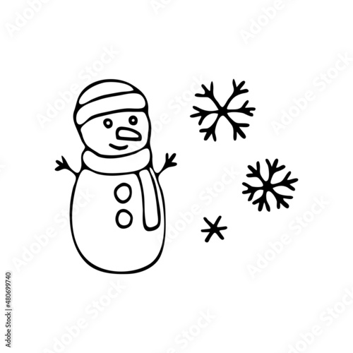 Snowman and snowflakes doodle. Snowy weather. Vector hand drawn meteorological forecast symbols. Snowfall season. Thin line web design icon.