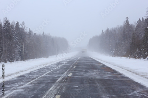 winter highway snowfall background fog poor visibility © kichigin19