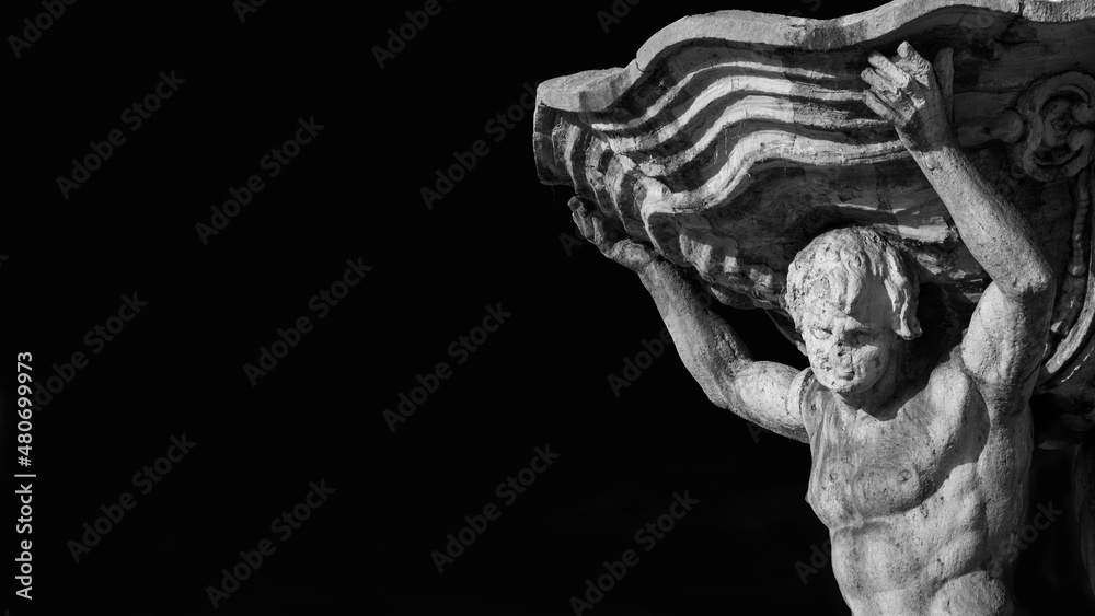 Fountain of the Tritons, beautiful baroque fountain completed in 1715, in the center of Forum Boarium square, in Rome (Black and White with copy space) Fountain of the Tritons, beautiful baroque fountain completed in 1715, in the center of Forum Boarium square, in Rome (Black and White with copy space)
