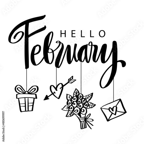 Hello February hand lettering. Greeting card