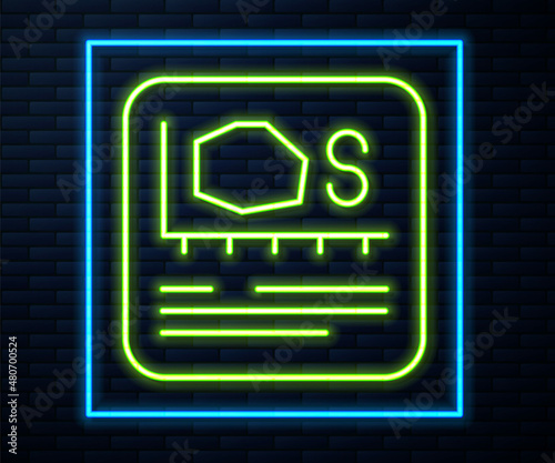 Glowing neon line Area measurement icon isolated on brick wall background. Vector