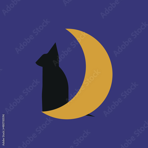 Mystical black cat sitting on the crescent Moon. Moon child. Trendy boho style cat silhouette.