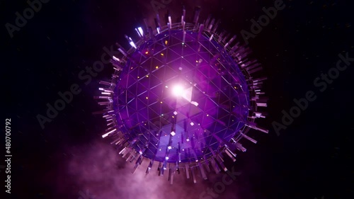 Fictional coronavirus variant transformation in cyberpunk style flying through metaverse as virtual alien planet ready for invasion in outer cyber space. Satirical parody of our modern reality