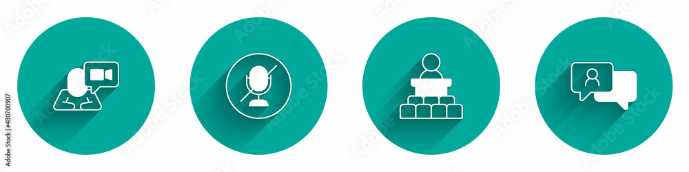 Set Video chat conference, Mute microphone, Speaker and Speech bubble icon with long shadow. Vector Set Video chat conference, Mute microphone, Speaker and Speech bubble icon with long shadow. Vector