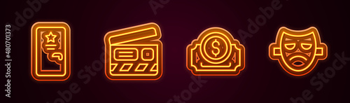 Set line Backstage, Movie clapper, Cinema ticket and Drama theatrical mask. Glowing neon icon. Vector