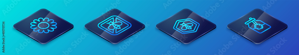 Set Isometric line Bee and honeycomb, Flower, Jar of dipper stick and Stop bee icon. Vector