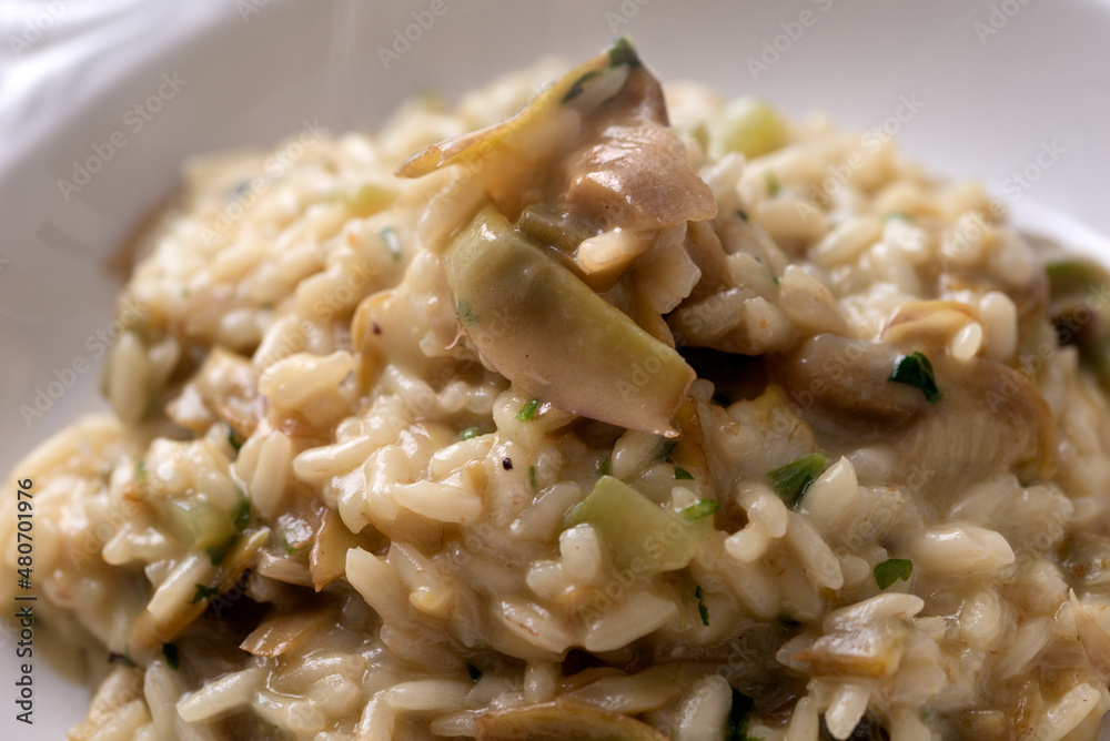 Primo piano di delizioso risotto ai carciofi, cucina Italiana Primo piano di delizioso risotto ai carciofi, cucina Italiana