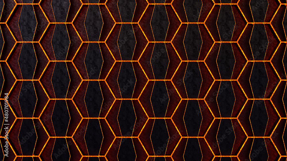 Hexagon dark background, with digital glow outline, 3d render illustrator. Hexagon dark background, with digital glow outline, 3d render illustrator.