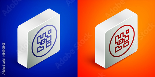 Isometric line QR code sample for smartphone scanning icon isolated on blue and orange background. Silver square button. Vector
