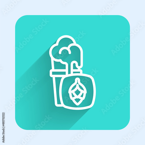 White line Glass of beer icon isolated with long shadow background. Green square button. Vector