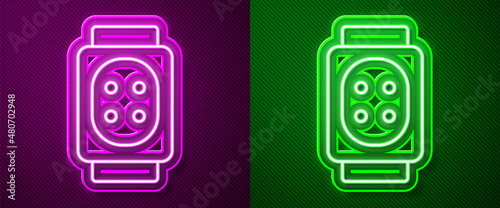 Glowing neon line Knee pads icon isolated on purple and green background. Extreme sport. Skateboarding, bicycle, roller skating protective gear. Vector
