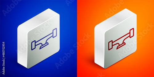 Isometric line Skateboard wheel icon isolated on blue and orange background. Skateboard suspension. Skate wheel. Silver square button. Vector