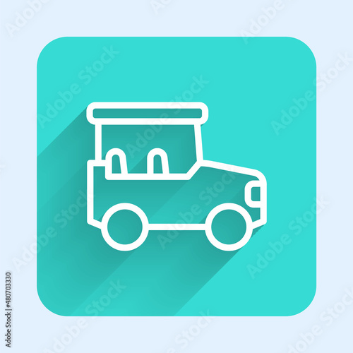 White line Safari car icon isolated with long shadow background. Green square button. Vector