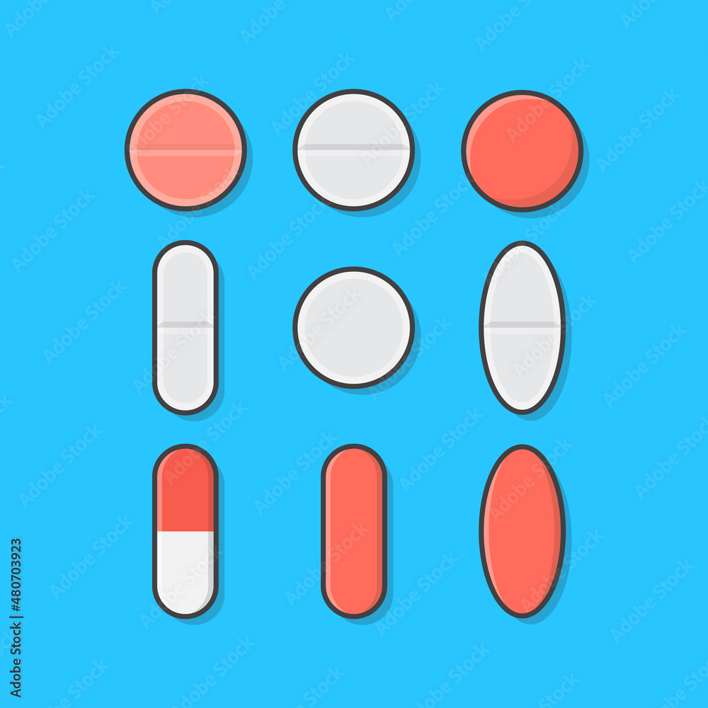 Set Of Various Medical Tablets And Pills Vector Icon Illustration. Antibiotic Medical Pharmaceutical Flat Icon
