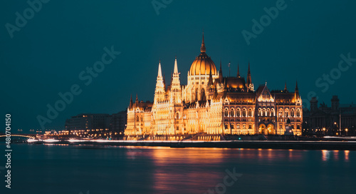 night shot of Parliament building in Budapest Hungary