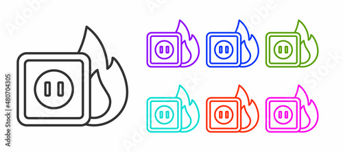 Black line Electric wiring of socket in fire icon isolated on white background. Electrical safety concept. Plug outlet on fire. Set icons colorful. Vector