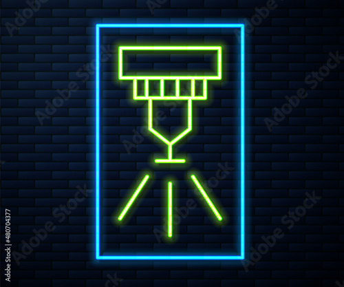Glowing neon line Fire sprinkler system icon isolated on brick wall background. Sprinkler, fire extinguisher solid icon. Vector