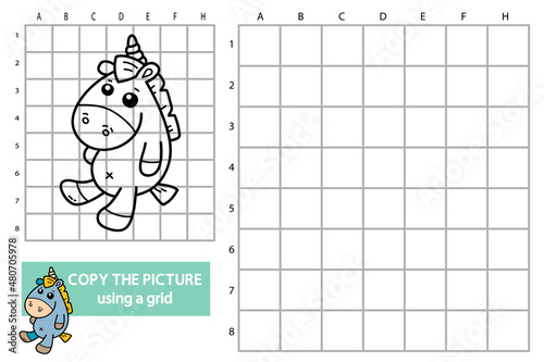 Vector illustration of grid copy picture educational puzzle game with doodle unicorn