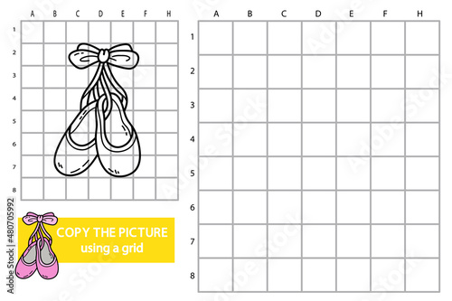 Vector illustration of grid copy picture educational puzzle game with doodle ballet shoes