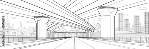 City architecture and infrastructure illustration, automotive overpass, big bridges, urban scene. Black outlines on white background. Vector design art