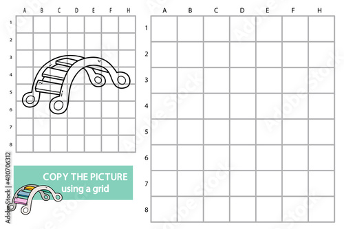 Vector illustration of grid copy picture educational puzzle game with doodle rainbow gurney