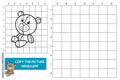 Vector illustration of grid copy picture educational puzzle game with doodle bear