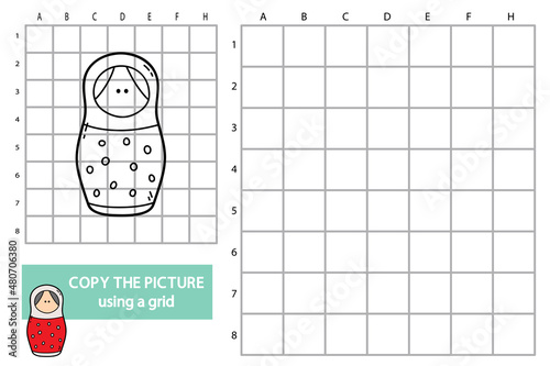 Vector illustration of grid copy picture educational puzzle game with doodle nesting doll