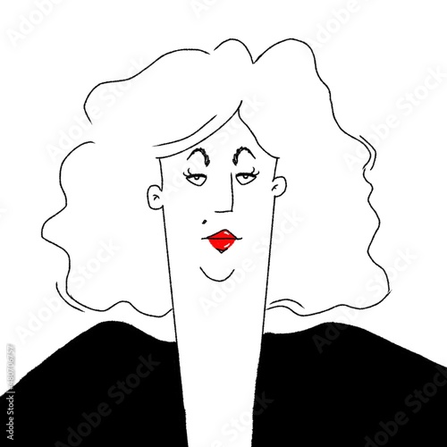 hand drawn caricature portrait of pretty lady with curly hair isolated on white