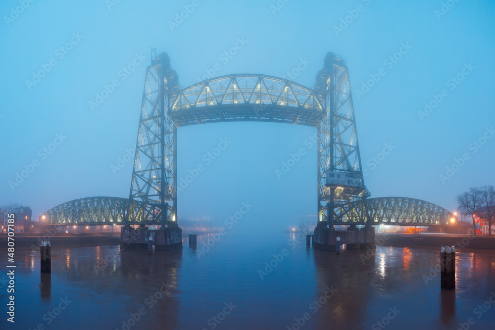 panoramic distorted image of De Hef railway bridge in Rotterdam, The Netherlands