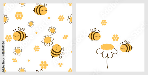 Seamless pattern with daisy flower garden, bee cartoons and honey symbol on white background. Cute bee cartoons and hand drawn daisies isolated on white background vector illustration.