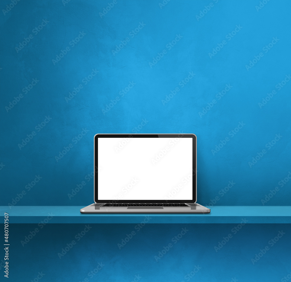Laptop computer on blue shelf. Square background Laptop computer on blue shelf. Square background